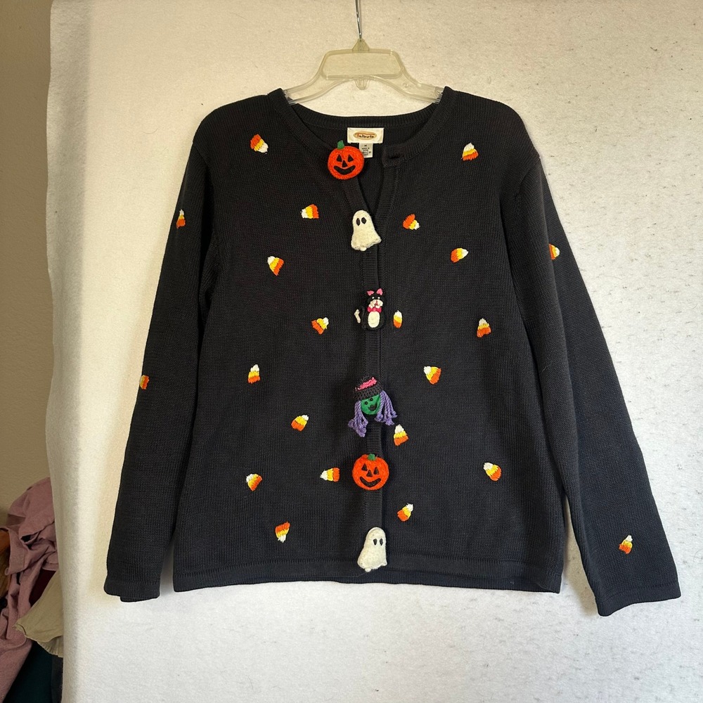 Talbots Halloween Cardigan Sweater Black Candy Corn Pumpkin Ghost Witch Cat M